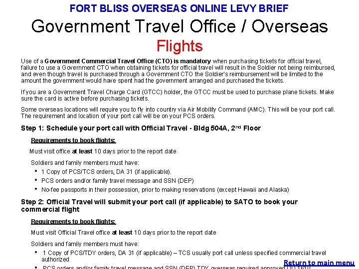 FORT BLISS OVERSEAS ONLINE LEVY BRIEF Government Travel Office / Overseas Flights Use of