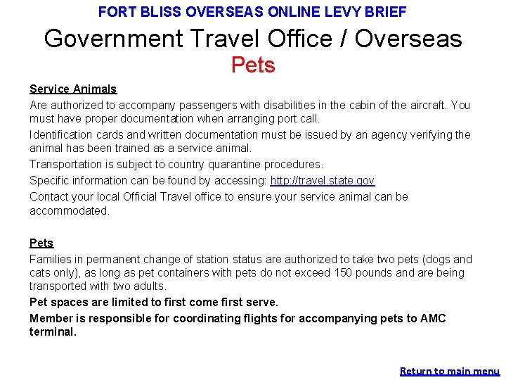 FORT BLISS OVERSEAS ONLINE LEVY BRIEF Government Travel Office / Overseas Pets Service Animals