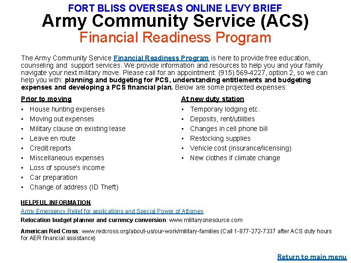 FORT BLISS OVERSEAS ONLINE LEVY BRIEF Army Community Service (ACS) Financial Readiness Program The