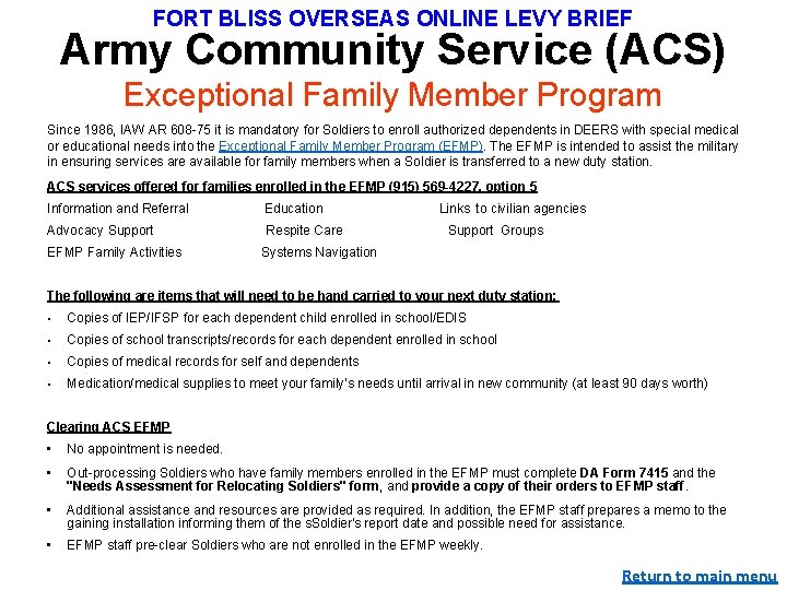FORT BLISS OVERSEAS ONLINE LEVY BRIEF Army Community Service (ACS) Exceptional Family Member Program