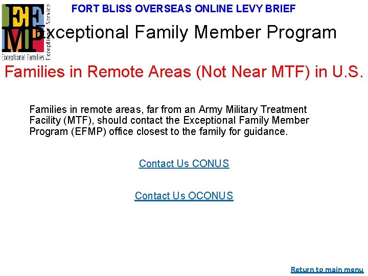 FORT BLISS OVERSEAS ONLINE LEVY BRIEF Exceptional Family Member Program Families in Remote Areas