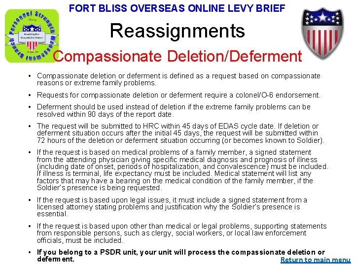 FORT BLISS OVERSEAS ONLINE LEVY BRIEF Reassignments Compassionate Deletion/Deferment • Compassionate deletion or deferment