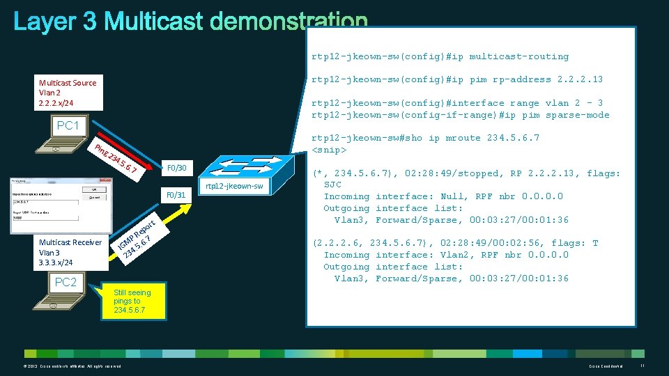 rtp 12 -jkeown-sw(config)#ip multicast-routing rtp 12 -jkeown-sw(config)#ip pim rp-address 2. 2. 2. 13 Multicast