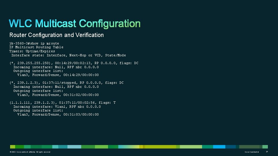 Router Configuration and Verification jk-3560 -3#show ip mroute IP Multicast Routing Table Timers: Uptime/Expires