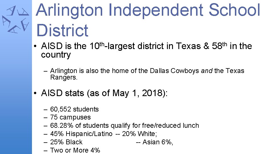 Arlington Independent School District • AISD is the 10 th-largest district in Texas &