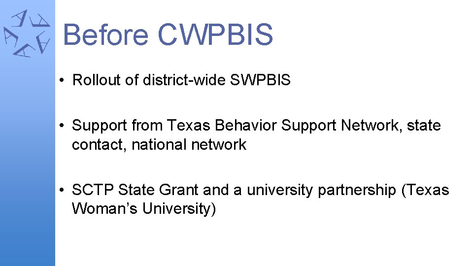 Before CWPBIS • Rollout of district-wide SWPBIS • Support from Texas Behavior Support Network,