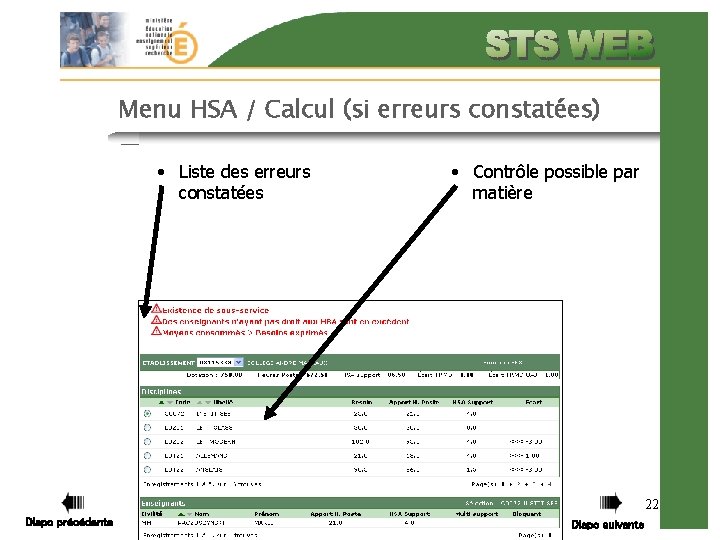 Menu HSA / Calcul (si erreurs constatées) • Liste des erreurs constatées • Contrôle