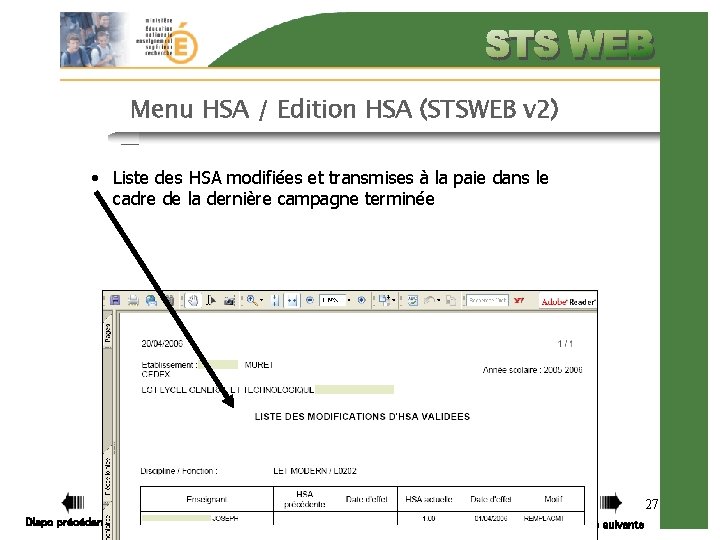 Menu HSA / Edition HSA (STSWEB v 2) • Liste des HSA modifiées et