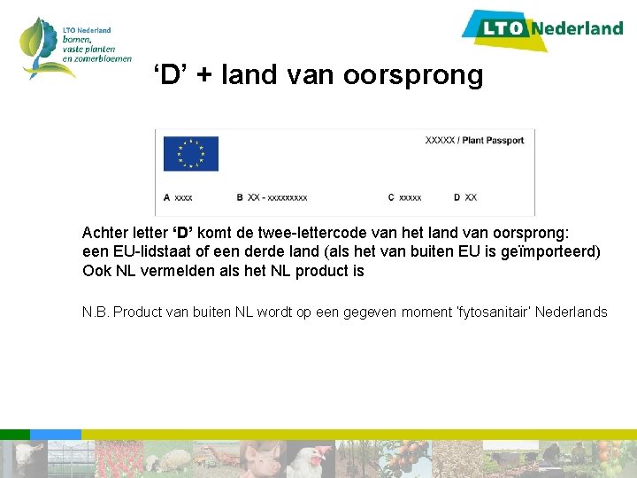 ‘D’ + land van oorsprong Achter letter ‘D’ komt de twee-lettercode van het land