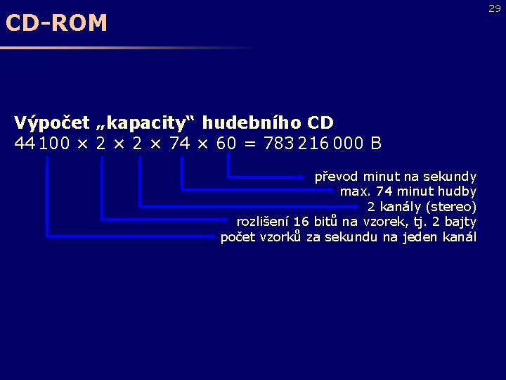 29 CD-ROM Výpočet „kapacity“ hudebního CD 44 100 × 2 × 74 × 60