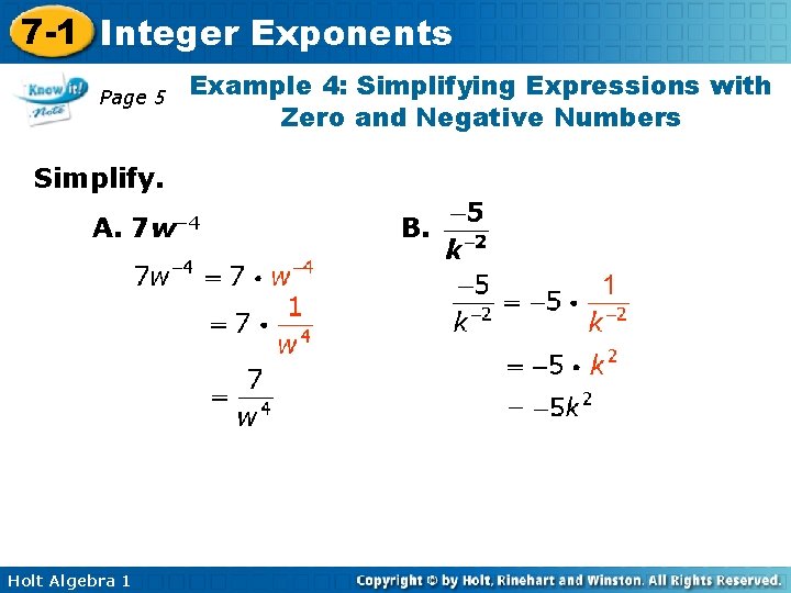 7 -1 Integer Exponents Page 5 Example 4: Simplifying Expressions with Zero and Negative