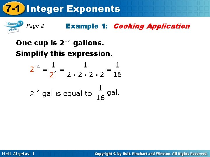 7 -1 Integer Exponents Page 2 Example 1: Cooking Application One cup is 2–