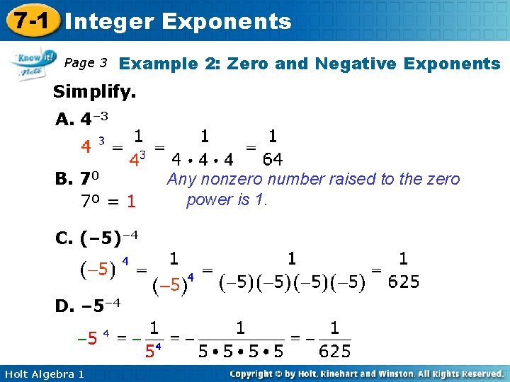 7 -1 Integer Exponents Page 3 Example 2: Zero and Negative Exponents Simplify. A.
