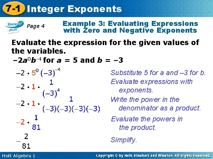 7 -1 Integer Exponents Page 4 Example 3: Evaluating Expressions with Zero and Negative