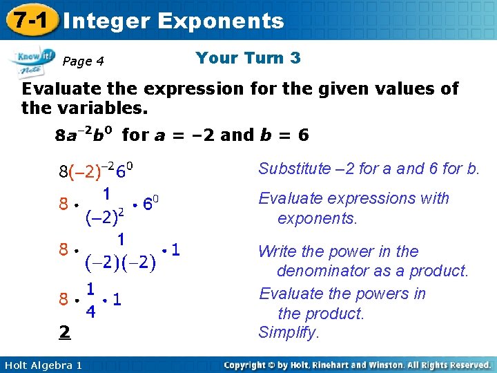 7 -1 Integer Exponents Page 4 Your Turn 3 Evaluate the expression for the