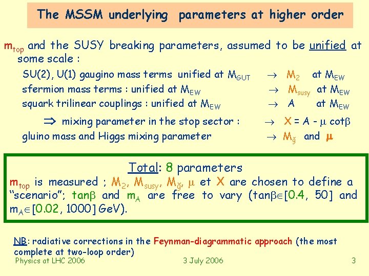 The MSSM underlying parameters at higher order mtop and the SUSY breaking parameters, assumed