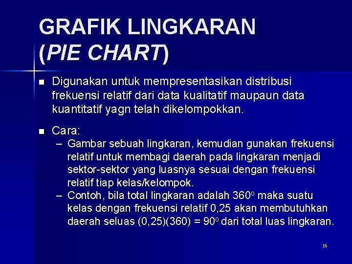 GRAFIK LINGKARAN (PIE CHART) n Digunakan untuk mempresentasikan distribusi frekuensi relatif dari data kualitatif