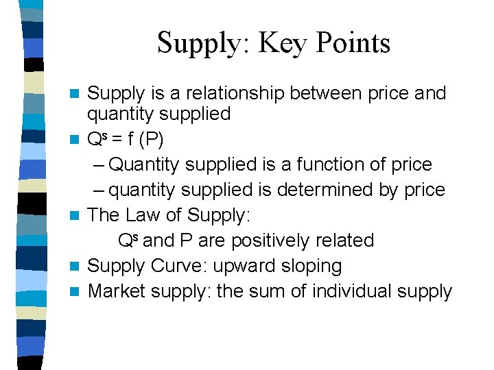 Supply: Key Points n n n Supply is a relationship between price and quantity