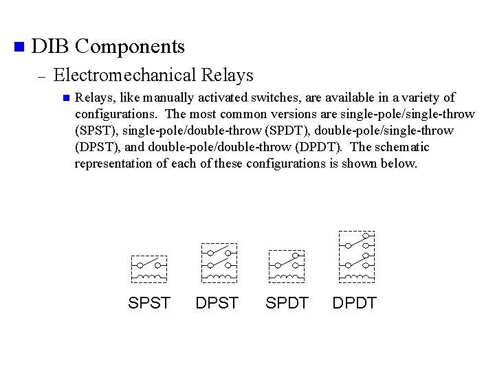 n DIB Components – Electromechanical Relays n Relays, like manually activated switches, are available