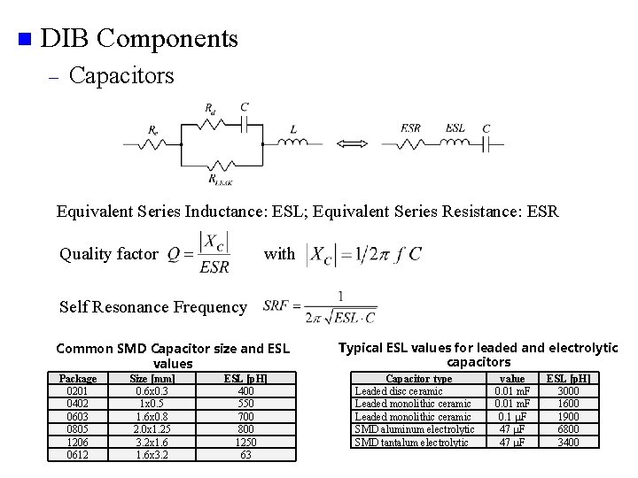 n DIB Components – Capacitors Equivalent Series Inductance: ESL; Equivalent Series Resistance: ESR Quality
