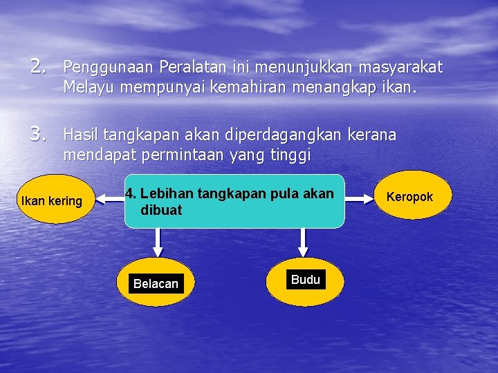 2. Penggunaan Peralatan ini menunjukkan masyarakat Melayu mempunyai kemahiran menangkap ikan. 3. Hasil tangkapan