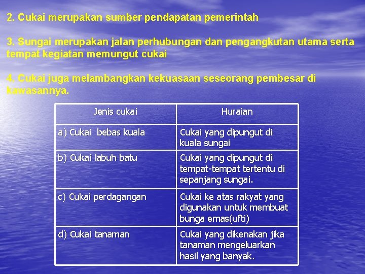 2. Cukai merupakan sumber pendapatan pemerintah 3. Sungai merupakan jalan perhubungan dan pengangkutan utama