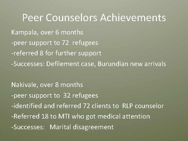 Peer Counselors Achievements Kampala, over 6 months -peer support to 72 refugees -referred 8