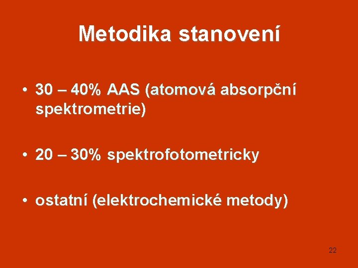 Metodika stanovení • 30 – 40% AAS (atomová absorpční spektrometrie) • 20 – 30%