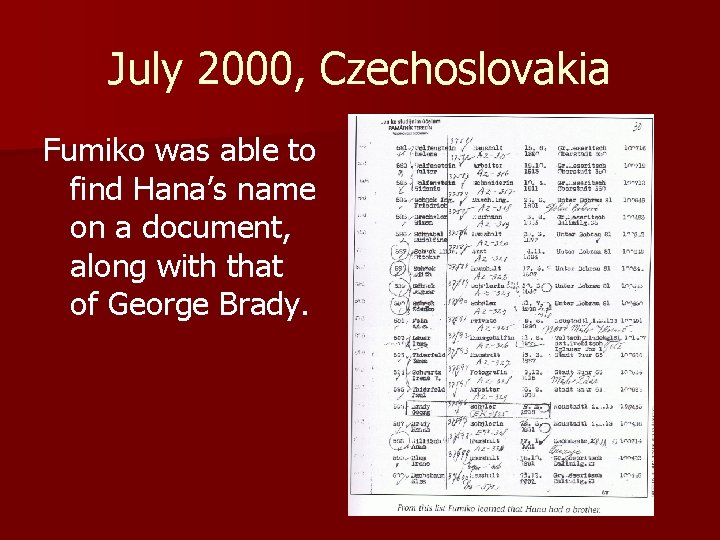 July 2000, Czechoslovakia Fumiko was able to find Hana’s name on a document, along