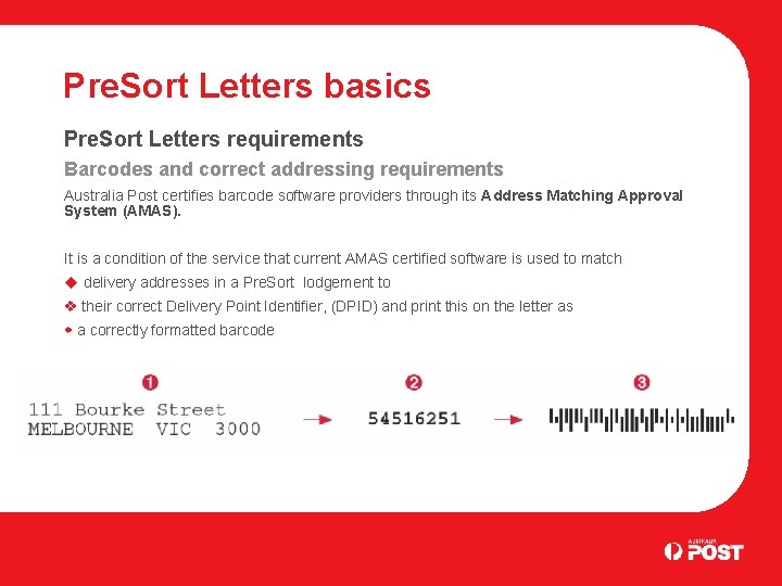 Pre. Sort Letters basics Pre. Sort Letters requirements Barcodes and correct addressing requirements Australia