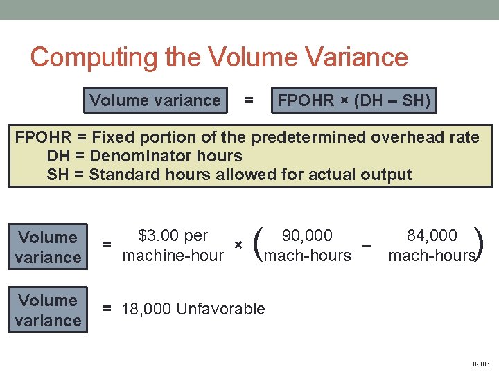 Computing the Volume Variance Volume variance = FPOHR × (DH – SH) FPOHR =