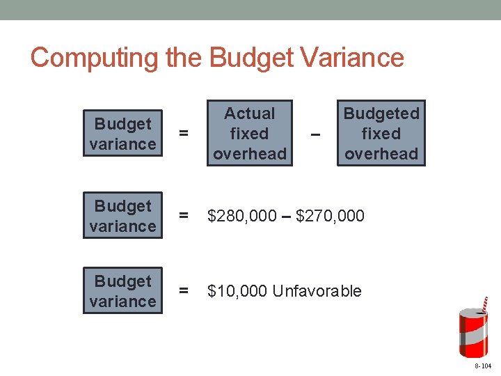 Computing the Budget Variance Actual fixed overhead Budgeted fixed overhead Budget variance = $280,