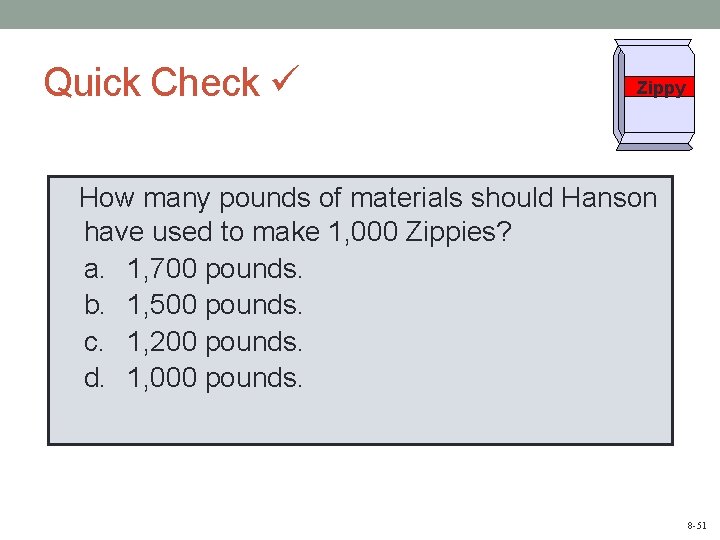 Quick Check Zippy How many pounds of materials should Hanson have used to make