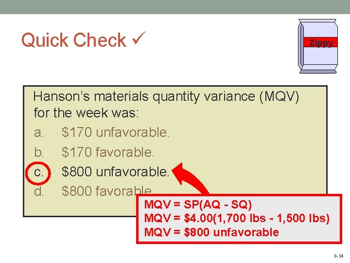 Quick Check Zippy Hanson’s materials quantity variance (MQV) for the week was: a. $170