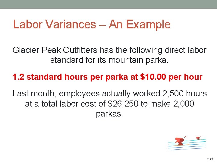 Labor Variances – An Example Glacier Peak Outfitters has the following direct labor standard