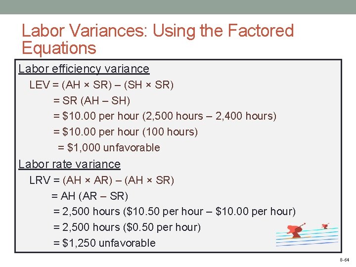 Labor Variances: Using the Factored Equations Labor efficiency variance LEV = (AH × SR)