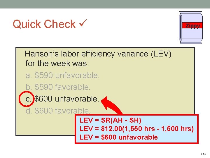Quick Check Zippy Hanson’s labor efficiency variance (LEV) for the week was: a. $590