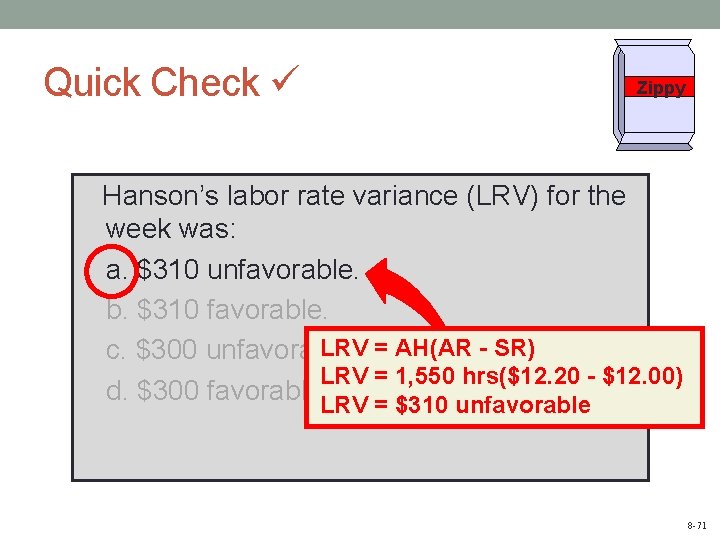 Quick Check Zippy Hanson’s labor rate variance (LRV) for the week was: a. $310