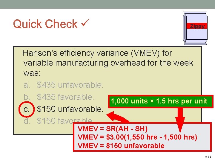 Quick Check Zippy Hanson’s efficiency variance (VMEV) for variable manufacturing overhead for the week