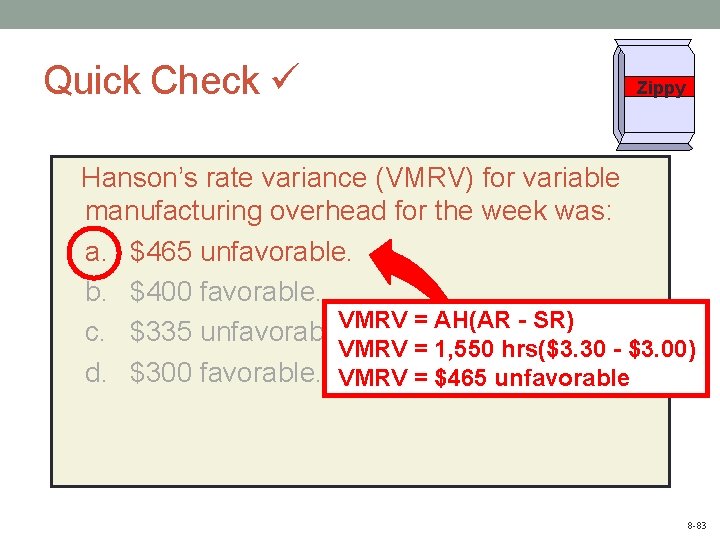 Quick Check Zippy Hanson’s rate variance (VMRV) for variable manufacturing overhead for the week