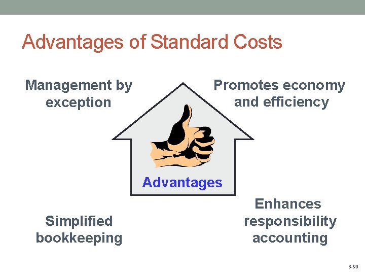 Advantages of Standard Costs Management by exception Promotes economy and efficiency Advantages Simplified bookkeeping