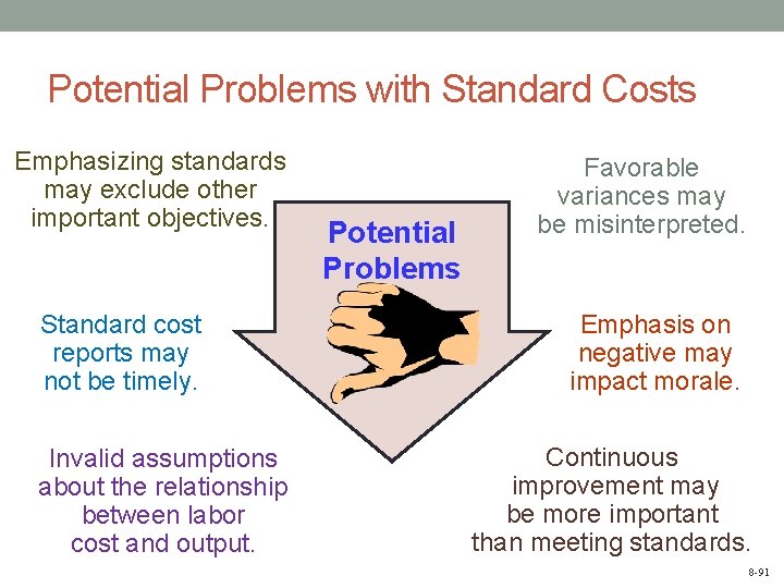 Potential Problems with Standard Costs Emphasizing standards may exclude other important objectives. Standard cost