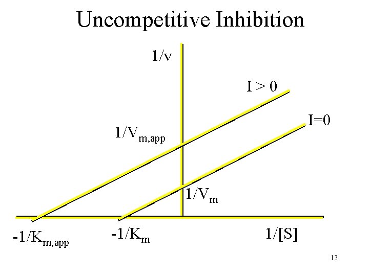Uncompetitive Inhibition 1/v I>0 I=0 1/Vm, app 1/Vm -1/Km, app -1/Km 1/[S] 13 