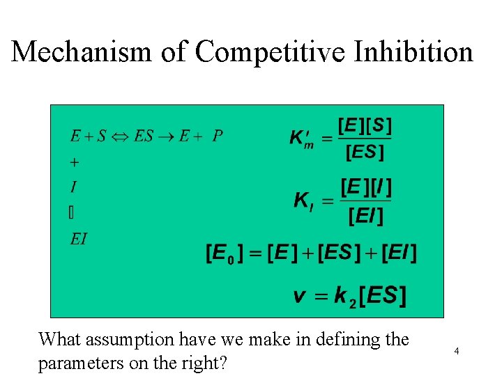 Mechanism of Competitive Inhibition What assumption have we make in defining the parameters on