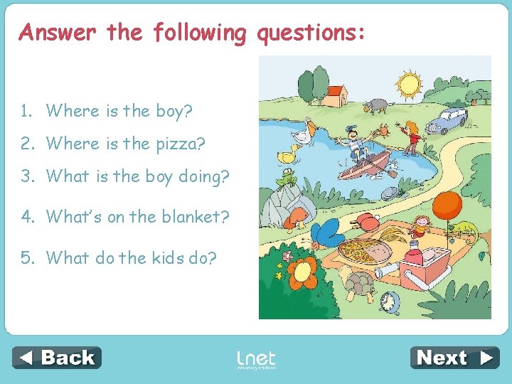 Answer the following questions: 1. Where is the boy? 2. Where is the pizza?