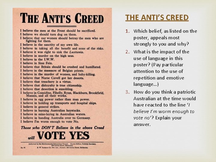 THE ANTI’S CREED 1. Which belief, as listed on the poster, appeals most strongly