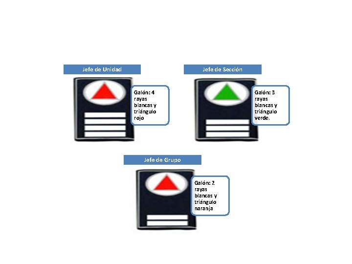 Jefe de Unidad Jefe de Sección Galón: 4 rayas blancas y triángulo rojo Galón:
