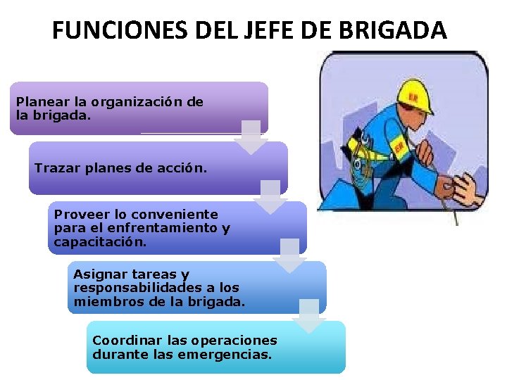 FUNCIONES DEL JEFE DE BRIGADA Planear la organización de la brigada. Trazar planes de