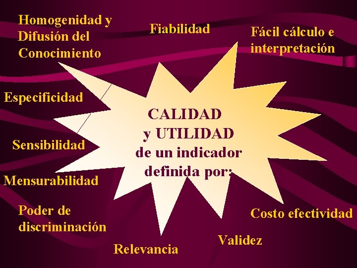 Homogenidad y Difusión del Conocimiento Fiabilidad Fácil cálculo e interpretación Especificidad Sensibilidad Mensurabilidad CALIDAD