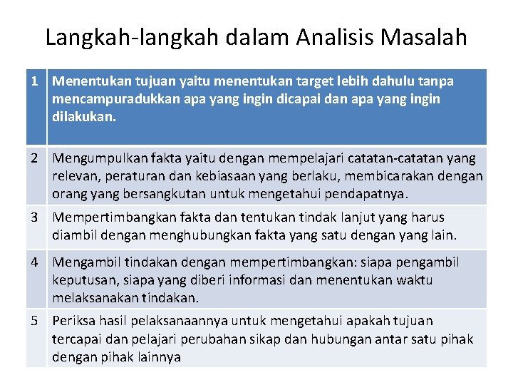 Langkah-langkah dalam Analisis Masalah 1 Menentukan tujuan yaitu menentukan target lebih dahulu tanpa mencampuradukkan